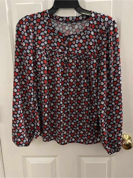 LOFT Tops - LOFT Navy Floral Long-Sleeve Blouse with Red & White Roses